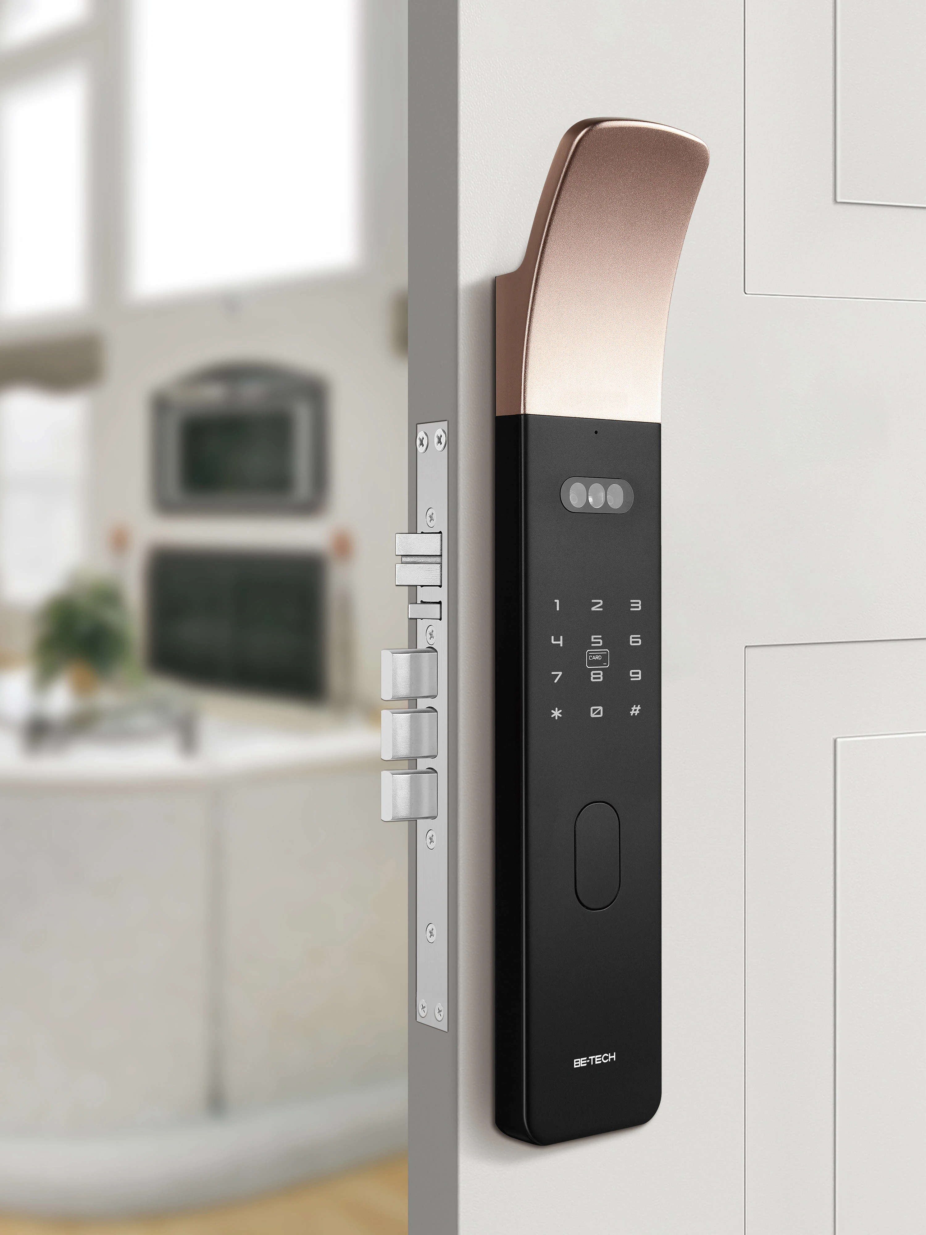 Smartlock Be-Tech r2 su una porta, con maniglia curva e pannello di accesso